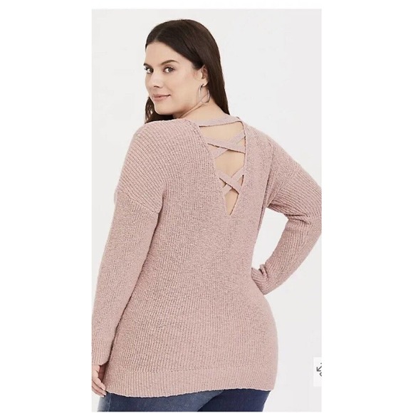 Torrid Pullover Lattice Cross Back Tunic Pointelle Sweater Blush Haute Pink 1X - Picture 2 of 7